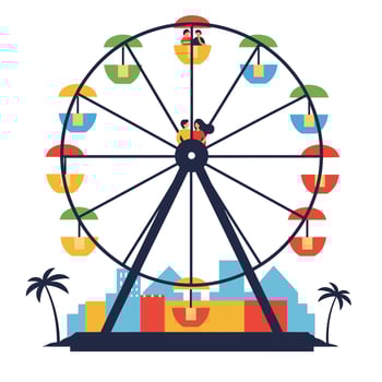 Colorful Ferris wheel with people enjoying rides in flat art vector