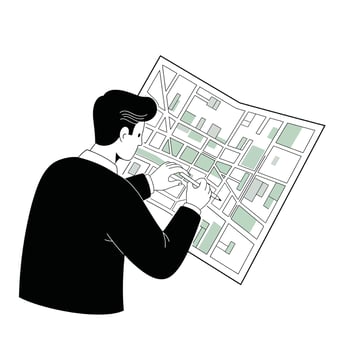 Person examining city map in detailed flat design art vector