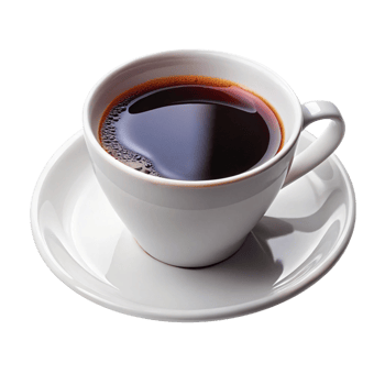 Elegant white coffee cup with dark, steaming coffee on a matching white saucer against Transparent Background. png