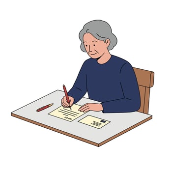 Woman writing a letter on a table in minimal flat art vector