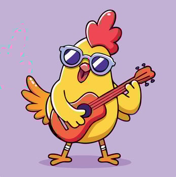 Cartoon Chicken Playing Guitar Wearing Sunglasses On Purple Background Art vector