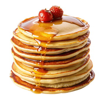 Stack of golden pancakes topped with fresh blueberries, strawberry, and maple syrup drizzling down, perfect for breakfast themes. png
