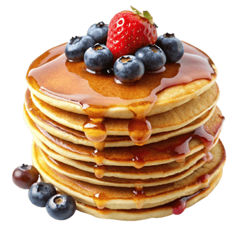 Fluffy pancakes layered with syrup and fresh berries, highlighting a delicious and indulgent breakfast treat. png