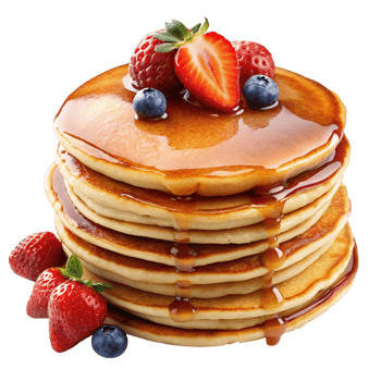 Mouthwatering stack of pancakes with blueberries, strawberry, and syrup, capturing the essence of a hearty morning meal. png