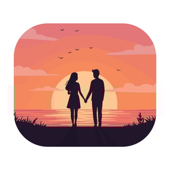 Romantic couple holding hands at sunset in flat art vector