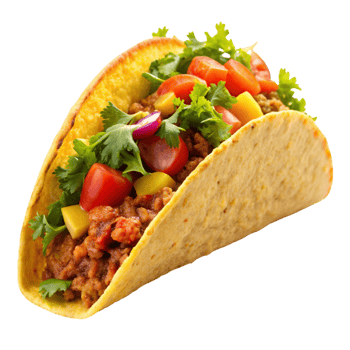 Classic taco with a delicious mix of vegetables, ground meat, and cheese in a corn tortilla, perfect for Mexican cuisine themes. png
