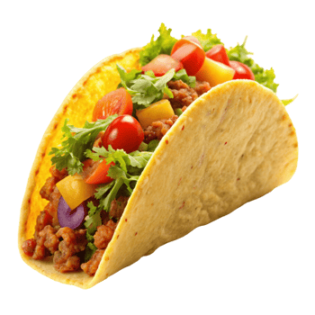 Freshly made taco with seasoned ground meat, tomatoes, lettuce, and cheese, wrapped in a crispy yellow tortilla shell. png