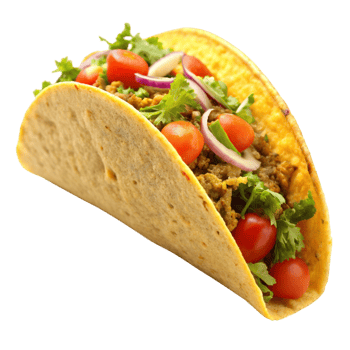 Mexican style taco filled with ground beef, diced tomatoes, cheese, lettuce, and cilantro, isolated on a Transparent Background. png