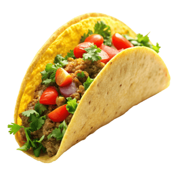 Vibrant taco with fresh ingredients like lettuce, cherry tomatoes, yellow peppers, and minced meat in a crunchy shell. png