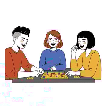 Three friends enjoying a board game night in a flat illustration vector