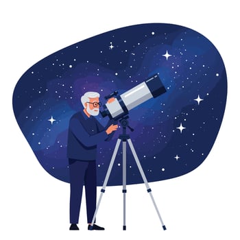 Elderly man observing stars through telescope in flat illustration vector