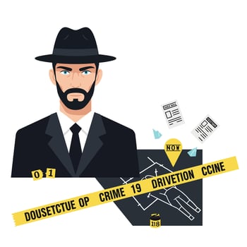 Detective in formal attire with evidence and documents in flat art vector