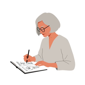 Woman sketching ideas in a notebook with minimal design style art vector