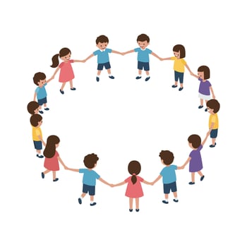 Children holding hands in a circle, colorful clothing, flat illustration vector