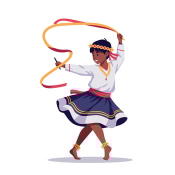 Young girl joyfully performing a traditional dance with flowing ribbons in colorful attire, showcasing a flat and vibrant illustration vector