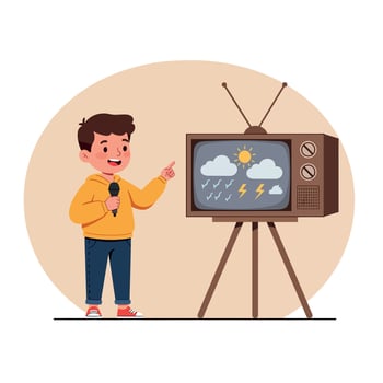 Young boy wearing a yellow hoodie presenting weather forecast in a playful flat illustration with vintage television displaying weather icons and cheerful atmosphere vector