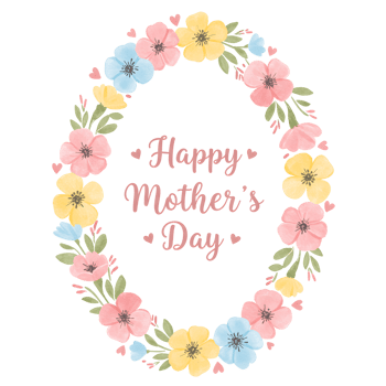 Watercolor Oval Floral Wreath with Happy Mothers Day Text in Center on Transparent Background png