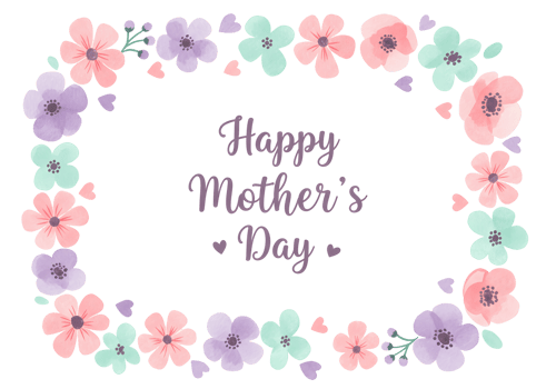 Watercolor Floral Border with Happy Mothers Day Text and Pastel Flowers on Transparent Background png