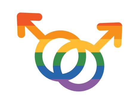 lgbt illustration of two interlocked gay male gender symbols in a rainbow pattern representing LGBTQIA pride and solidarity. The arrow points emphasize masculinity. vector