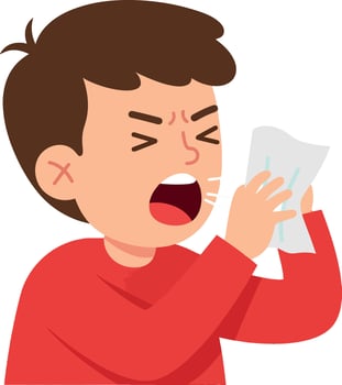 Young boy sneezing into a tissue wearing a red shirt in flat illustration vector