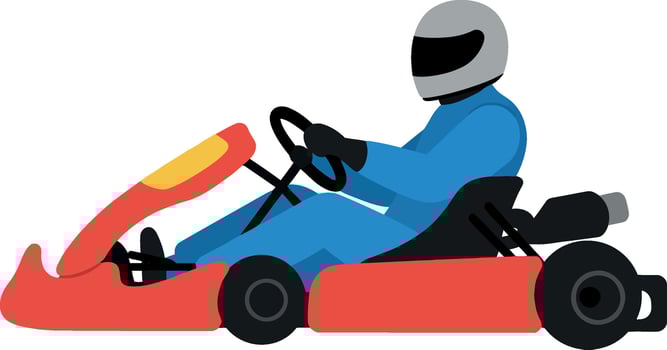 Go-kart racer in blue suit with helmet driving a red kart in flat art vector
