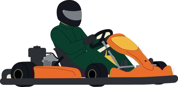 Go-kart racer in green suit with helmet driving an orange kart in flat art vector