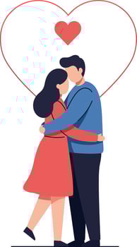 Loving couple embracing in a heart shape outline, flat illustration vector