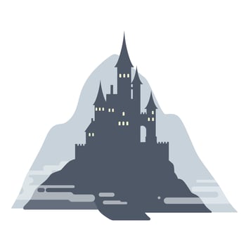 Dark castle silhouette on a mountain with soft colors in flat art vector