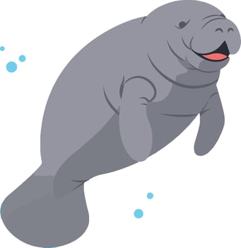Happy manatee swimming gracefully in clear water, flat illustration vector