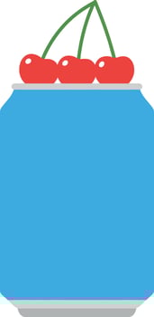 Blue soda can topped with red cherries in a minimal illustration vector