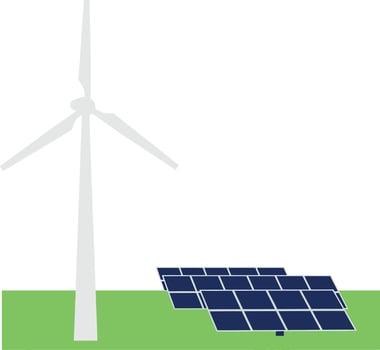 Wind turbine and solar panels on green landscape in flat art vector