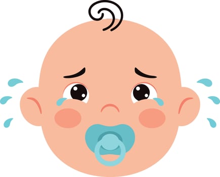 Cute crying baby face with pacifier in flat art style vector
