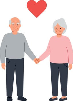 Elderly couple holding hands in a warm and loving manner, flat art vector