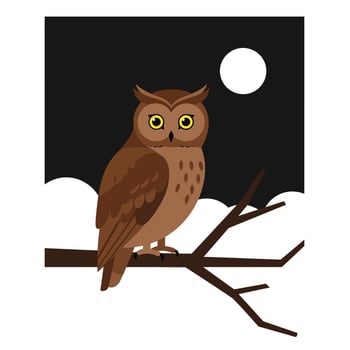 Owl perched on a branch with full moon in flat art vector