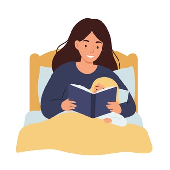 Mother reading a bedtime story to child in cozy flat illustration vector