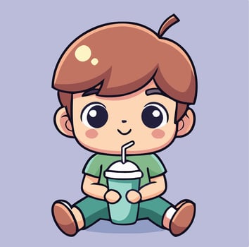 Cute Cartoon Boy Character Sitting Down Holding A Drink Illustration vector