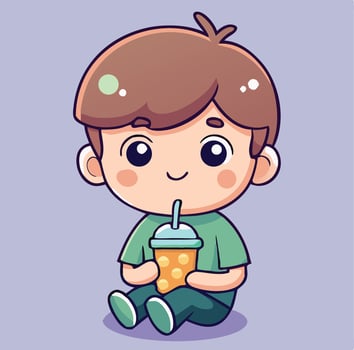 Cartoon Boy Enjoys Bubble Tea Illustration Graphic Art Design vector
