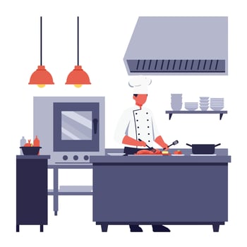 Chef preparing delicious meal in modern kitchen flat illustration vector