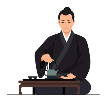 Traditional tea ceremony with a person preparing tea in flat art vector