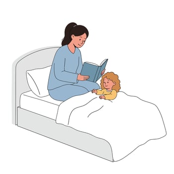 Mother reading bedtime story to child in flat minimal style art vector