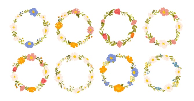 Flower wreath. Circle floral frame. Decorative botanical round circles with various flowers, leaves, branches. Spring botanical elements. Rose, daisy, peonies blooms. set vector