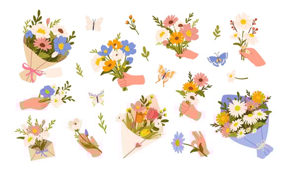Flowers in hand. Hands holding bouquet. Male arm with spring floral compositions. Summer blossom bunches for holiday. Mothers Day. Roses, daisies, tulips, leaves set vector
