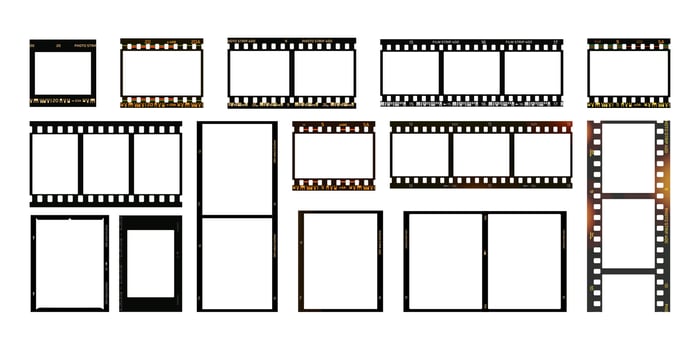 Photo film strip. Film long frame. Trendy template for social media. Cinema footage effect. Negative strips border. Blank film storytelling. set vector
