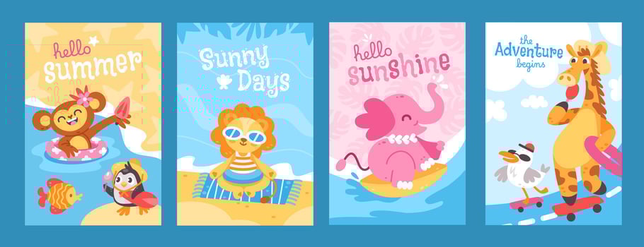 Summer holiday animals card. Cute vacation poster with animal and bird. Funny monkey eating ice cream, giraffe with seagull on skateboard, lion on rug. Season posters. set vector