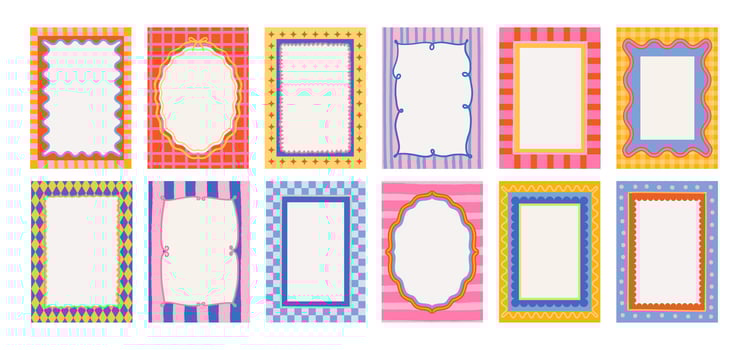 Wavy frames. Doodle wave edge borders. Retro Dolce Vita curved shapes, rectangular, oval, circular elements, frame, forms. Abstract geometric posters. pattern set vector