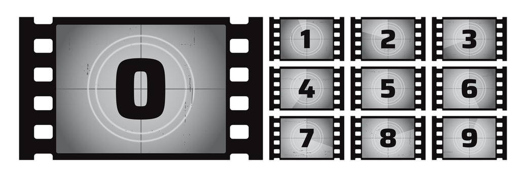 Film countdown frame. Retro movie reel. Counted down numbers. Visual element cinema projection. Circular timer, bold numbers count down from 0 to 9. project vector