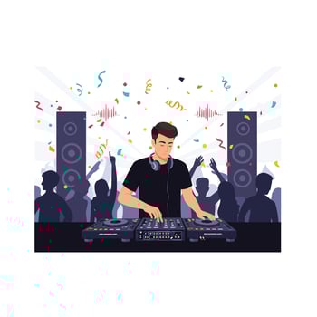 DJ performing at a vibrant party with colorful confetti in flat art vector