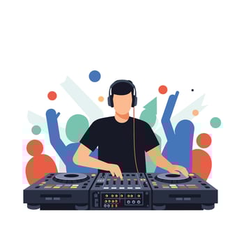 DJ performing live at a vibrant party in flat art vector