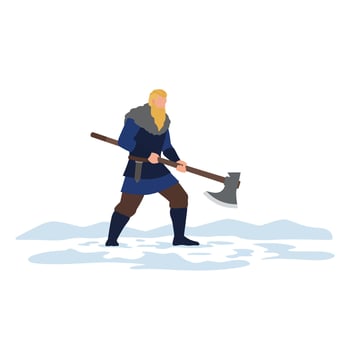 Strong warrior with axe in snow, flat design style, art vector