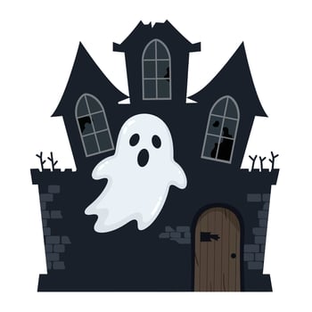 Ghost emerging from a spooky haunted house in flat art style vector
